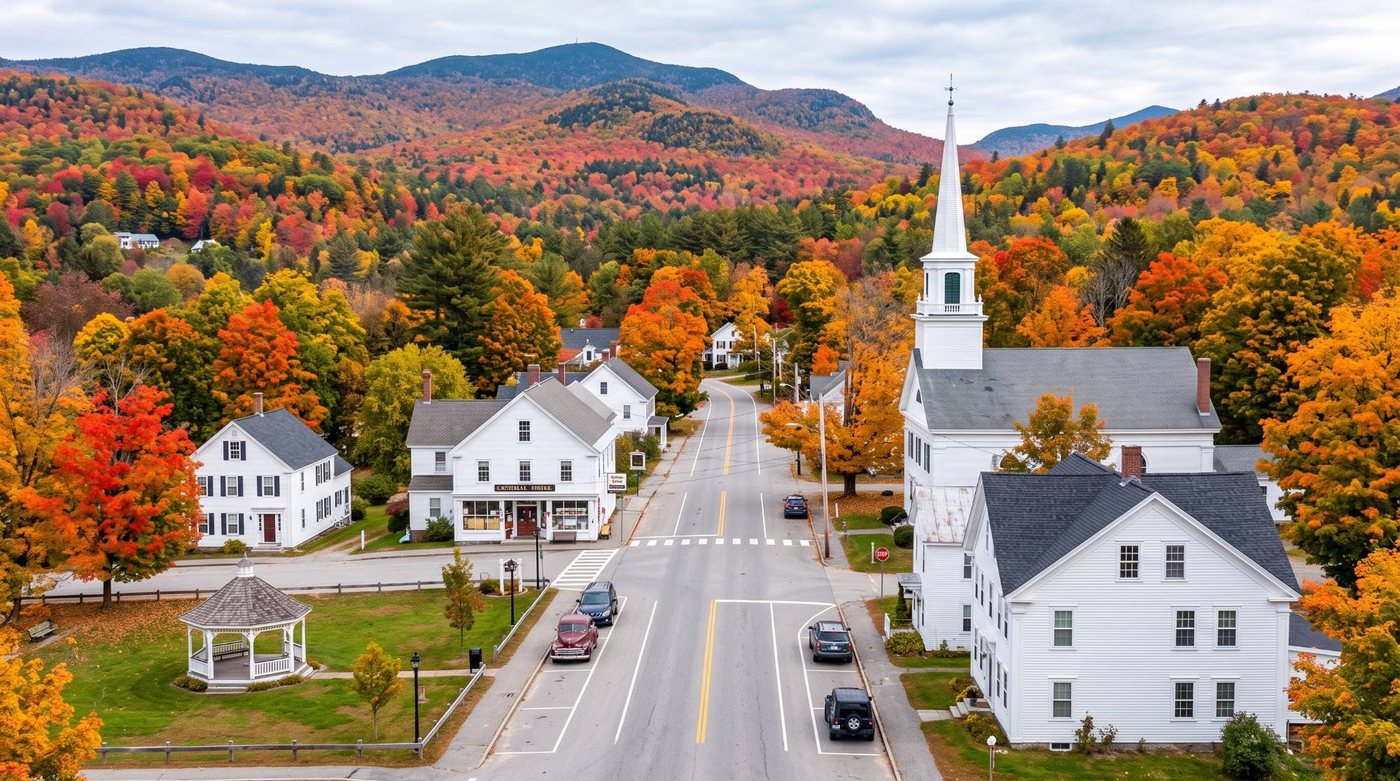 A New Hampshire village in autumn, with a white church steeple and colorful foliage
